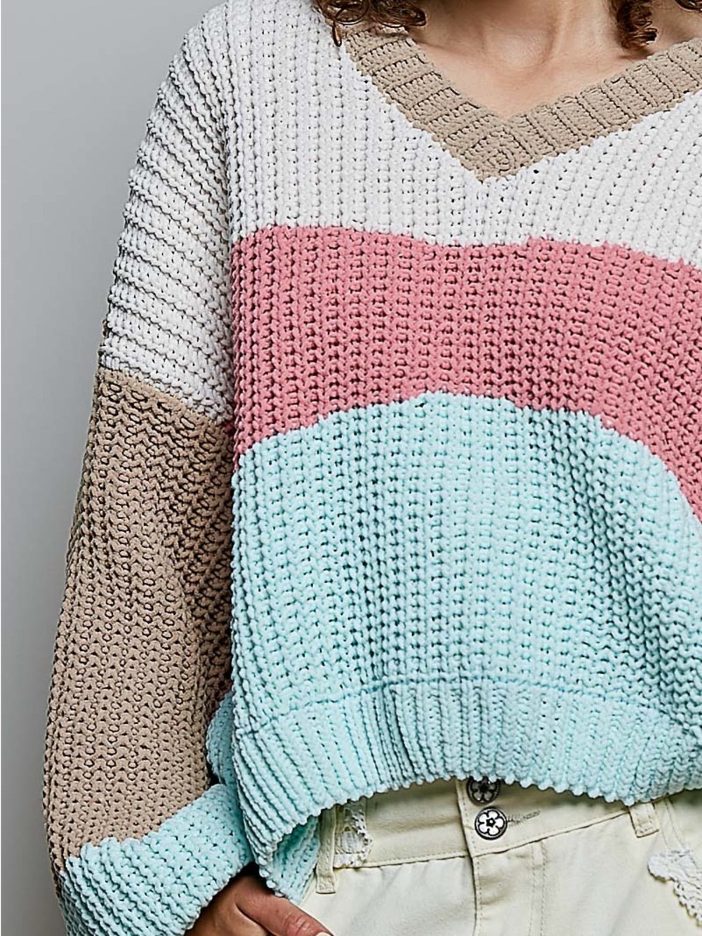 GST361 POL Colorblock V-Neck Sweater in Pink, Mint & Beige - Picture 5 of 6